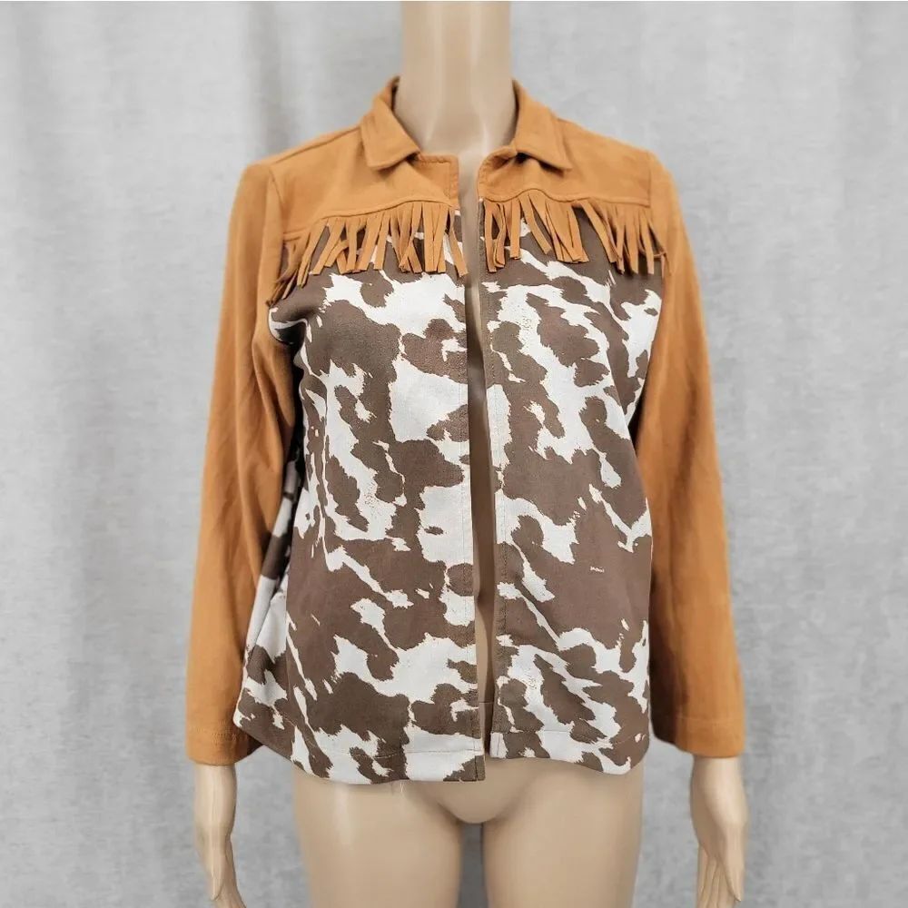 Lucky & Blessed Cow Animal Print Brown and White Fringe Jacket Poly Faux Suede
